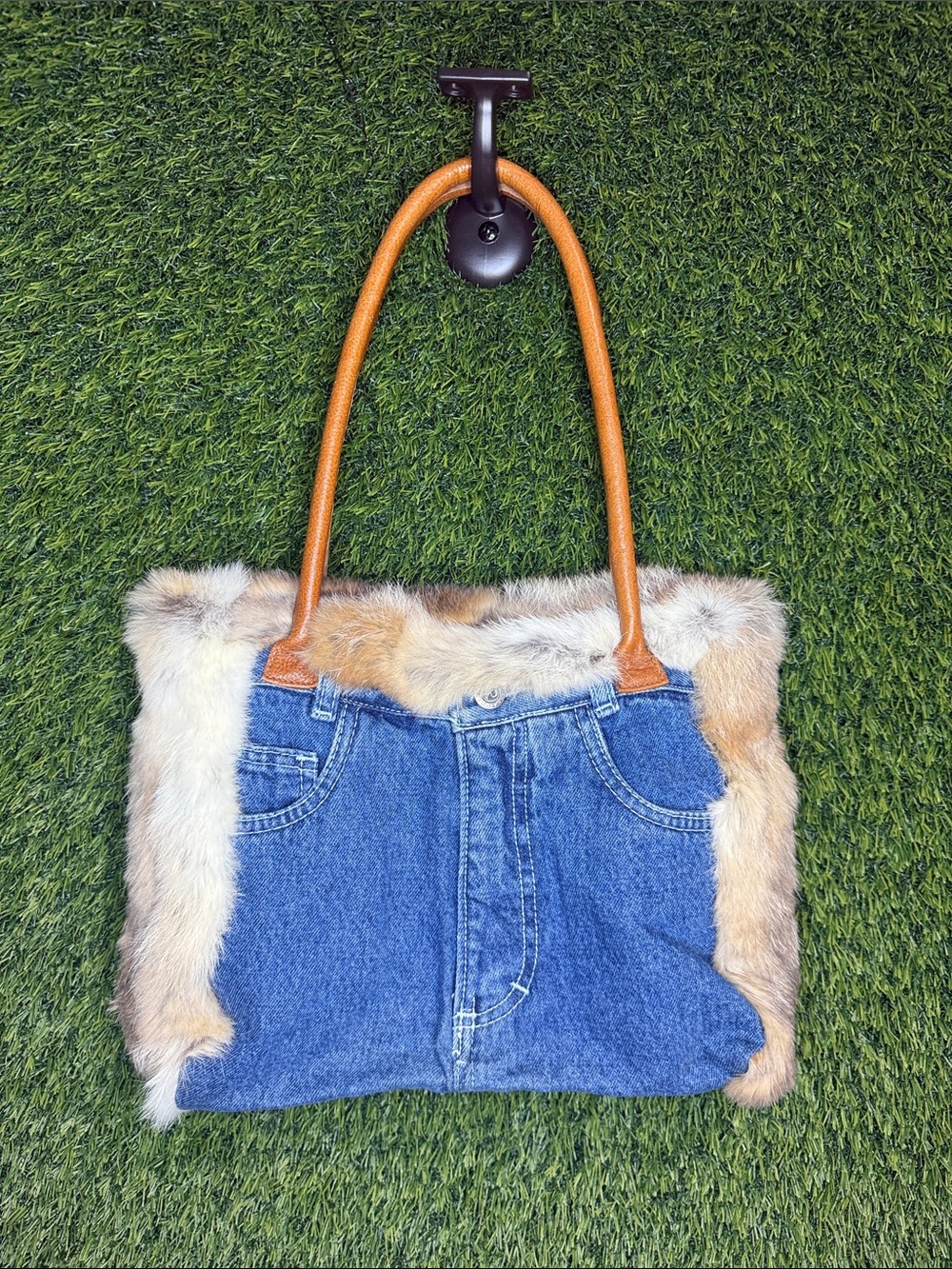 Vintage 90’s Denim and Rabbit Fur Purse Tote Satchel Handbag